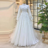 White Robe De Mariée Muslim Wedding Dress for Bride Appliques Flowers Tulle Arabic Dubai Long Sleeves Bridal GownWhi WHITE